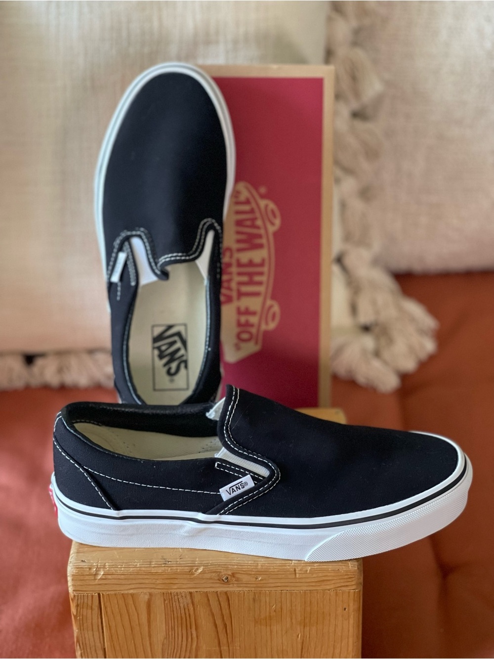 VANS Classic Black Slip-On Canvas Loafers with White Midsole M7.5/W9.0